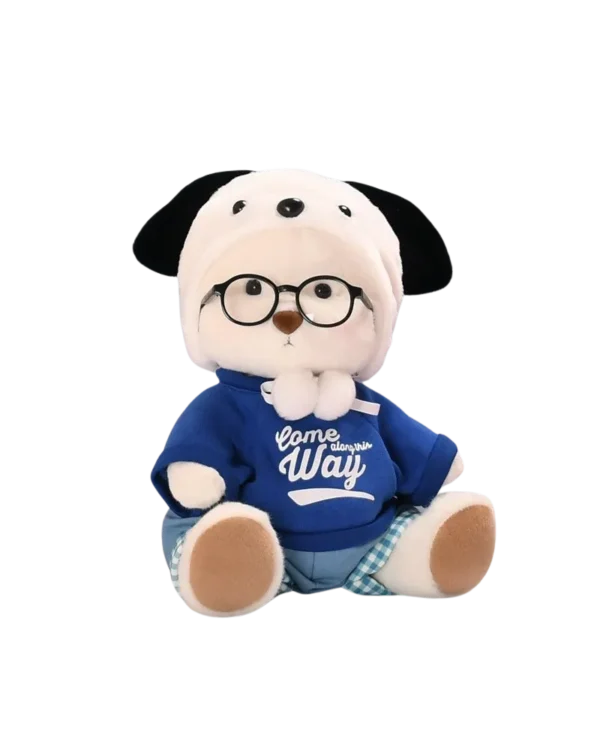 Adorable petit nounours blanc en pull bleu et lunettes noires qui est prêt à vous faire des câlin avec style