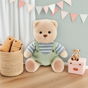 Petit nounours brun dans une chambre d'enfant au décor pastel