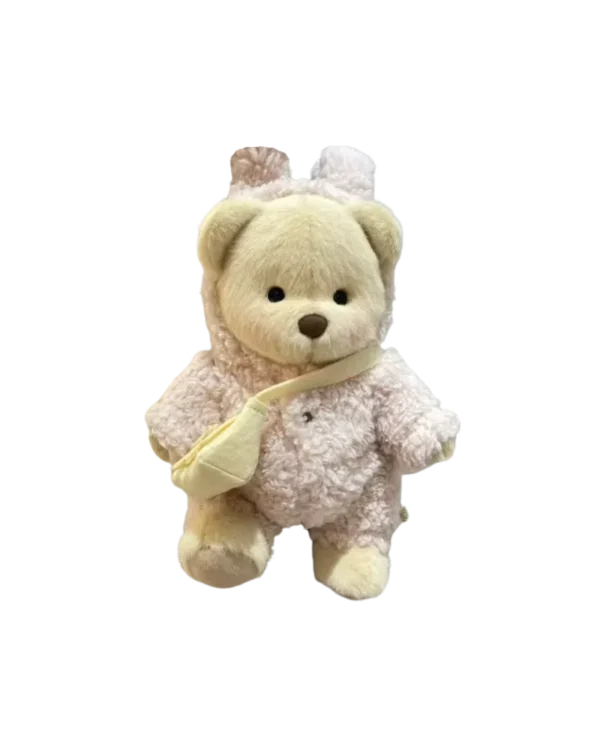 Adorable petit Nounours Brun en combinaison de Lapin en Laine et il est debout de face