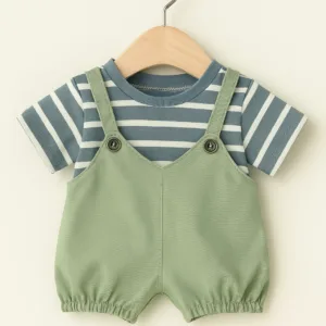 salopette verte avec son t-shirt bleu rayé sur ceintre