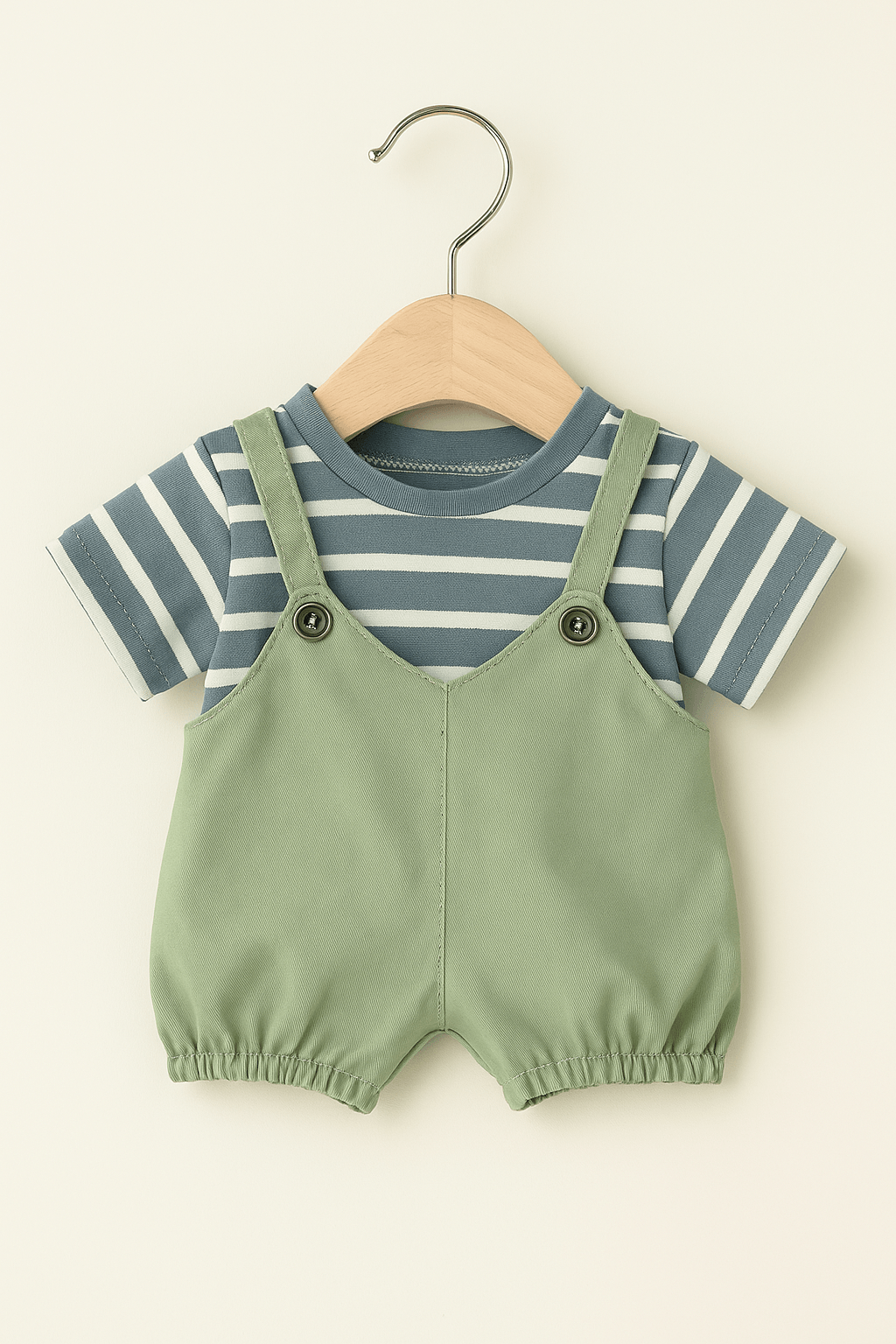 Salopette verte 1 salopette verte avec son t-shirt bleu rayé sur ceintre