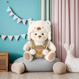 Ourson mignon avec chapeau et salopette marron.