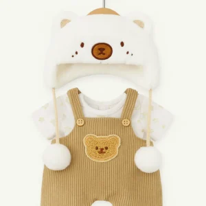 salopette marron et son chapeau blanc pour petit nounours
