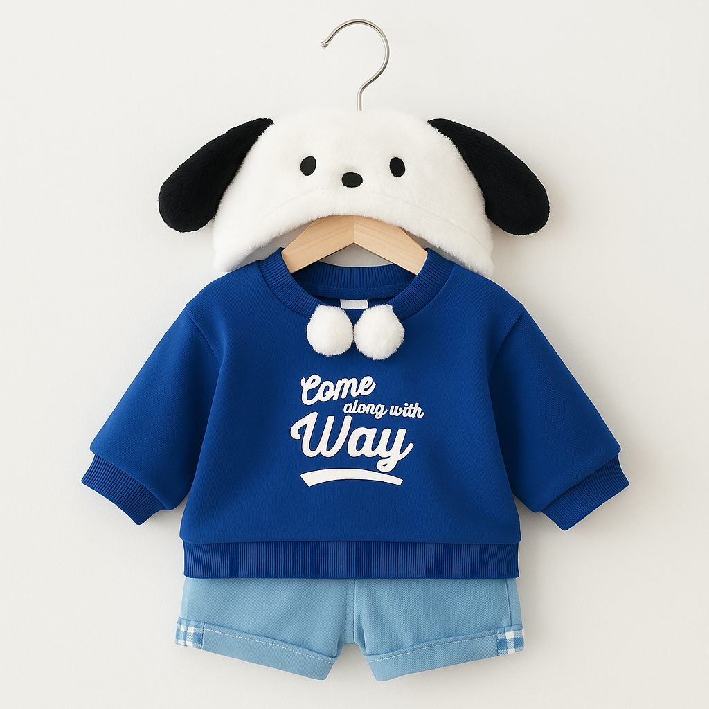 Pull bleu, chapeau et lunettes noires 1 Pull bleu, chapeau et lunettes noires pour petit nounours