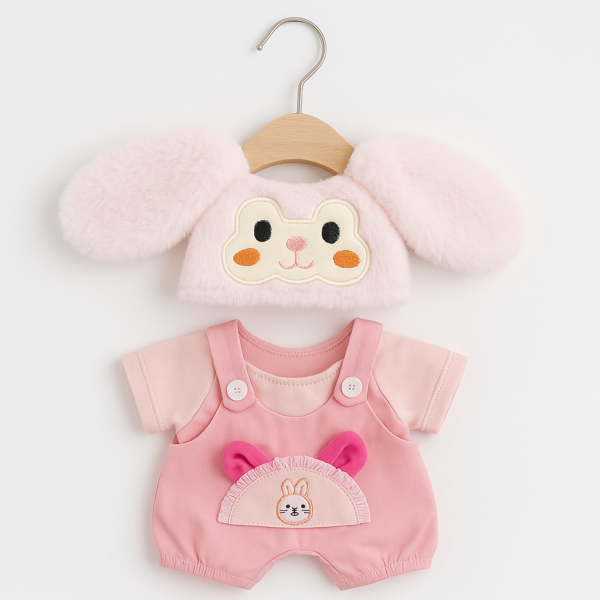 Salopette rose et chapeau de lapin pour petit nounours