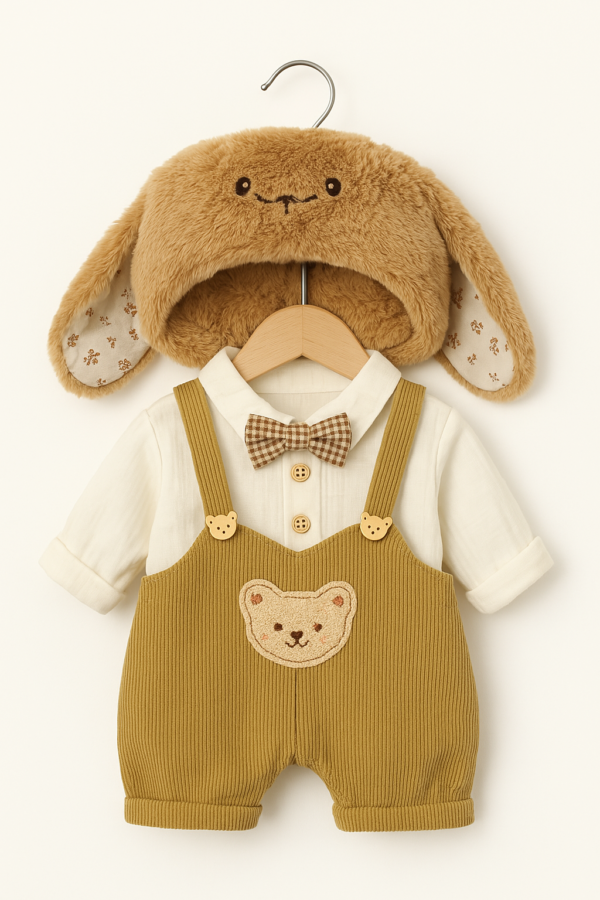 chemise, noeud papillon, salopette marron et son chapeau brun pour la collection petit nounours