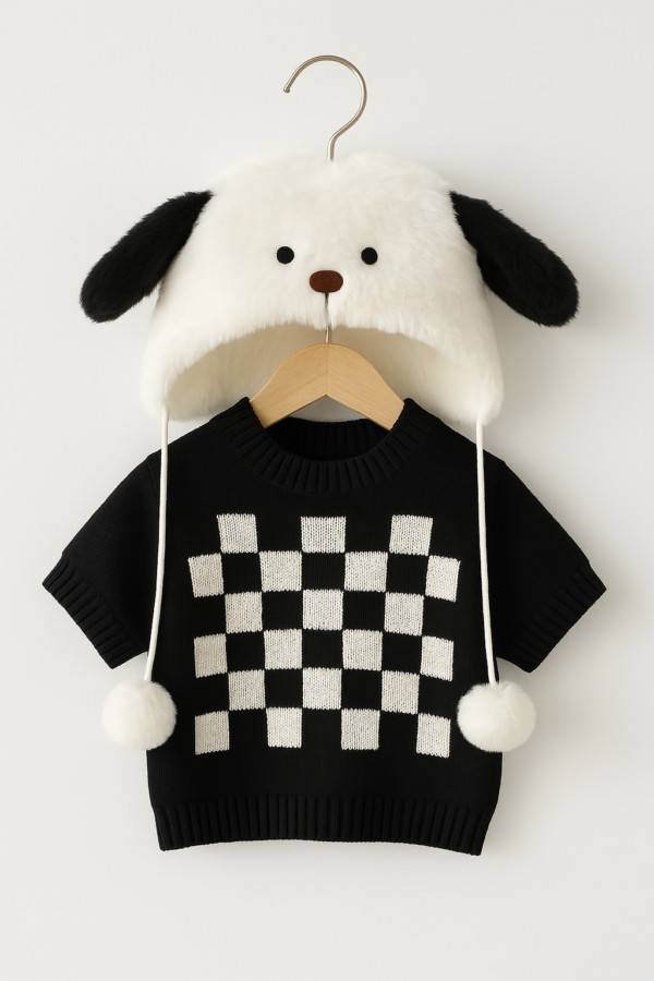 pull à carreaux et son chapeau pour la collection petit nounours