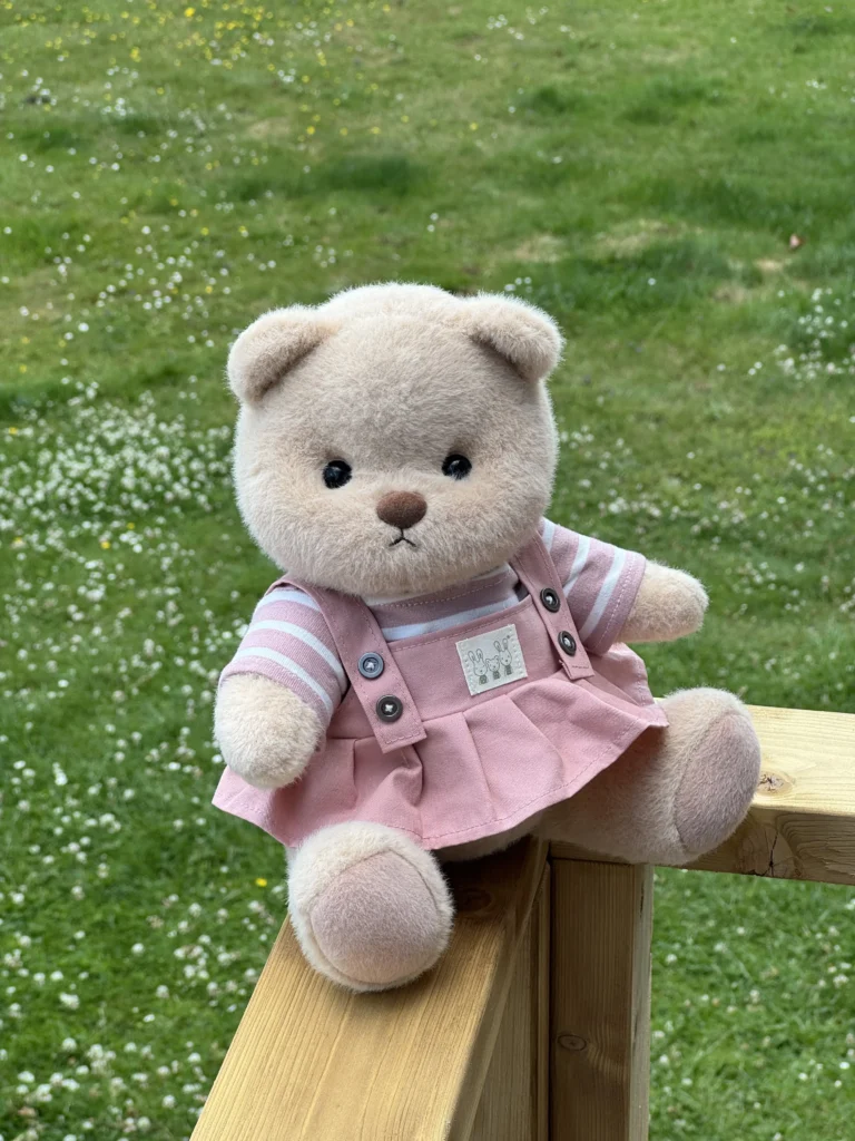 IMG_6174 Petit nounours brun habillé en salopette rose assis de coté sur une rambarde dans un jardin.