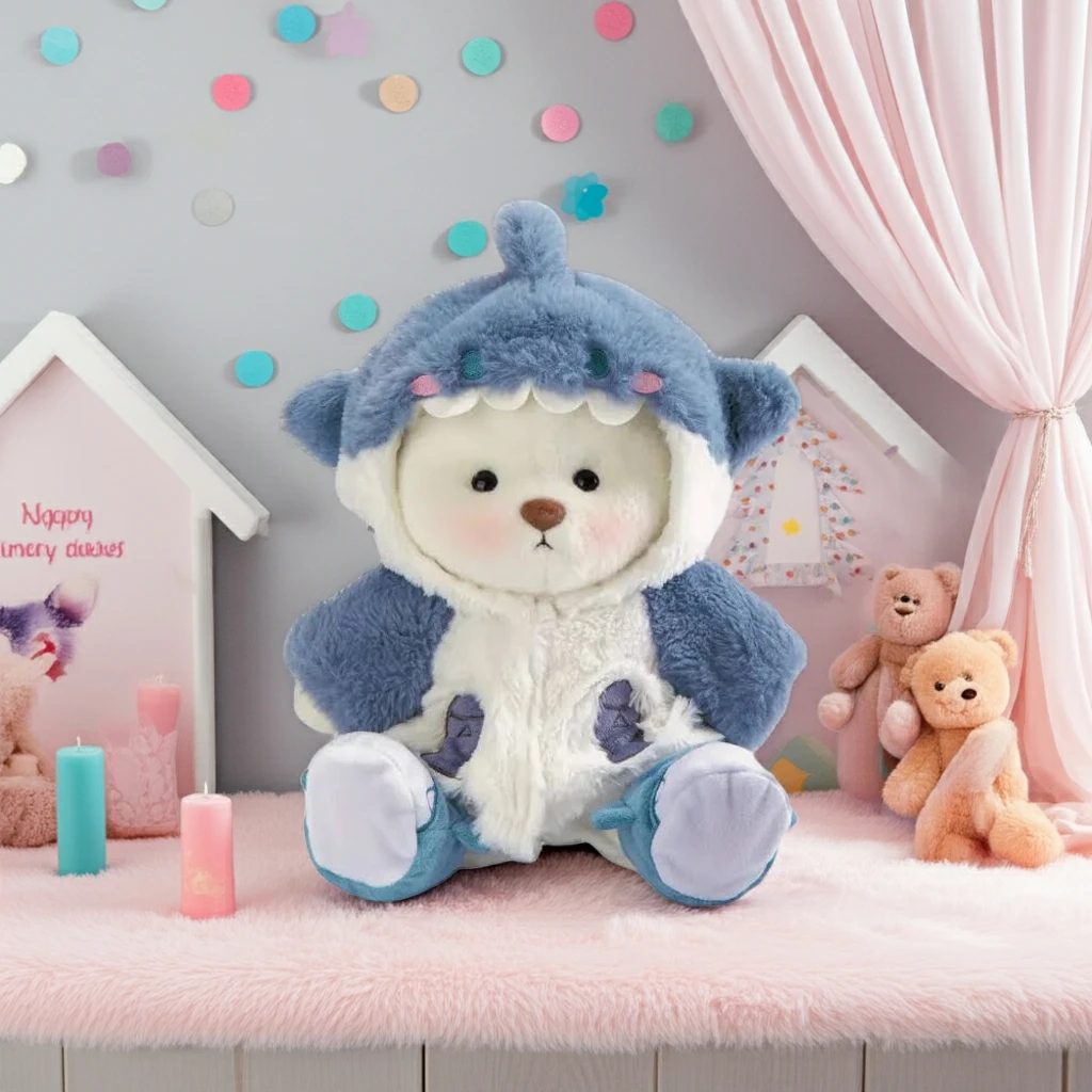 Petit nounours blanc déguisé en requin 1 Ours en peluche blanc Petit Nounours déguisé en requin dans un décor de chambre d'enfant
