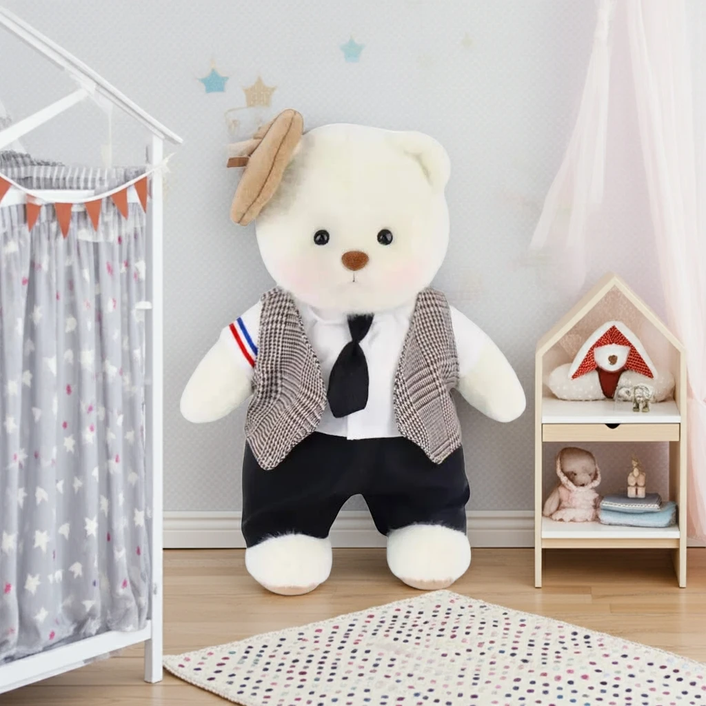 Petit nounours blanc en costume de mariage 2 Peluche à habiller Petit Nounours blanc en costume de mariage, un ours en peluche dans une chambre d'enfant