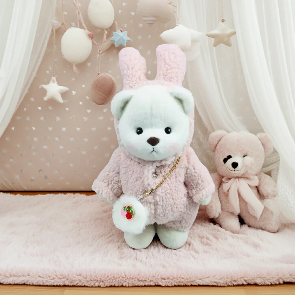 Petit nounours blanc en lapin en laine 1 Peluche à habiller Petit Nounours blanc en lapin en laine, un ours en peluche dans une chambre d'enfant