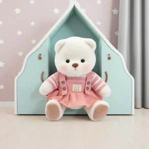 Peluche à habiller Petit Nounours blanc en robe salopette rose, un ours en peluche dans une chambre d'enfant