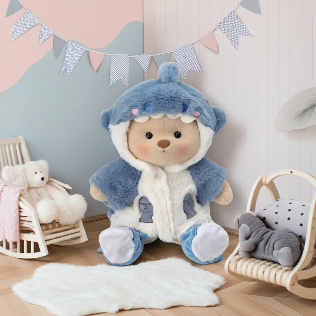 Petit nounours brun déguisé en requin 1 Ours en peluche Petit Nounours brun déguisé en requin, une peluche à habiller dans une chambre d'enfant
