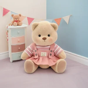 Ours en peluche Petit Nounours brun en robe salopette rose, une peluche à habiller dans une chambre d'enfant