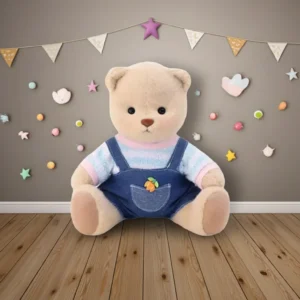 Peluche à habiller Petit Nounours brun en salopette en jeans, un ours en peluche dans une chambre d'enfant